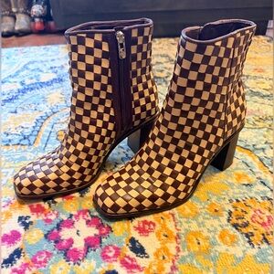 Burgundy and beige checkered, leather booties